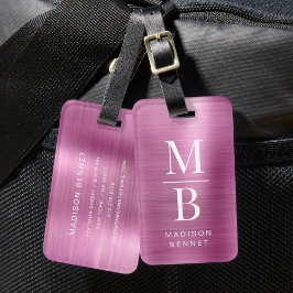Etiqueta De Bagagem Elegante Monograma Rosa Metálico Escovado