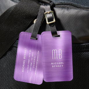 Etiqueta De Bagagem Elegante Monograma Roxo Metal Polido