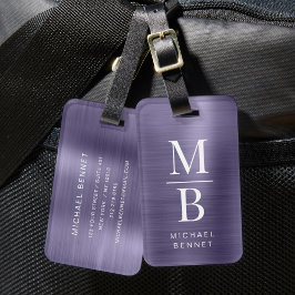 Etiqueta De Bagagem Elegante Monograma Roxo Metálico Escovado