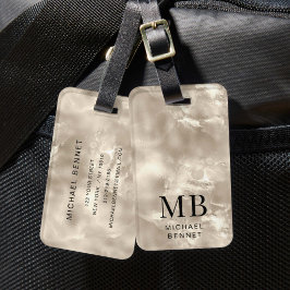 Etiqueta De Bagagem Elegante Monograma Textura Pérola Bege Marfim