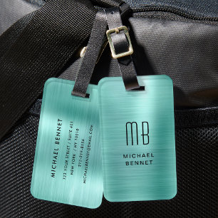 Etiqueta De Bagagem Elegante Monograma Verde Teal Brugado