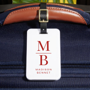Etiqueta De Bagagem Elegante Monograma Vermelho E Branco