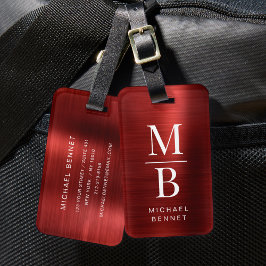 Etiqueta De Bagagem Elegante Monograma Vermelho Metálico Brilhante