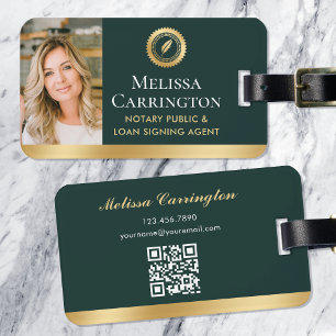 Etiqueta De Bagagem Elegante Notário Público Foto Dourada Verde Escuro