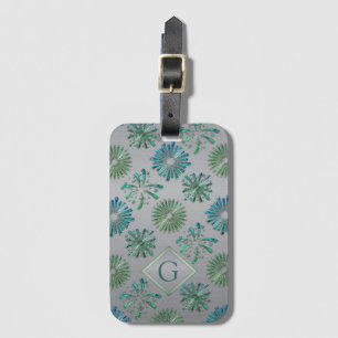 Etiqueta De Bagagem Elegante Padrão Monograma Azul Verde Ornado