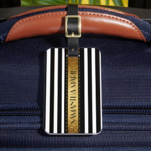 Etiqueta De Bagagem Elegante personalizado Preto Branco Listrado Doura