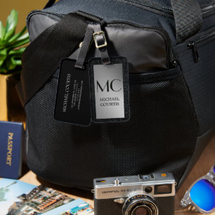 Etiqueta De Bagagem Elegante prata e preto Monograma Metálico