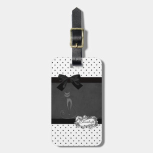 Etiqueta De Bagagem Elegante Preto, Bolinhas Brancas - Laço Preto, Gat