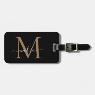 Etiqueta De Bagagem Elegante Preto Monograma com Nome de Script Dourad