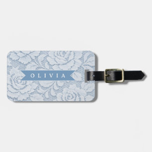 Etiqueta De Bagagem Elegante Romântico Floral de Renda Azul Personaliz