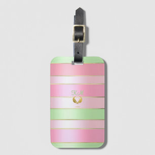 Etiqueta De Bagagem Elegante Rosa Pastel e Verde com Monograma