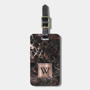 Etiqueta De Bagagem Elegante Rosa preto Monograma Dourado Marble Verti
