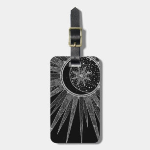 Etiqueta De Bagagem Elegante Silver Sun Moon Mandala Black Design