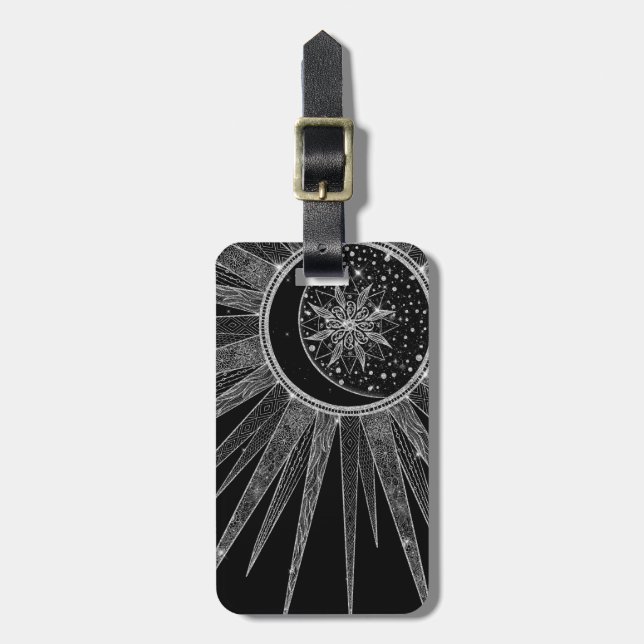 Etiqueta De Bagagem Elegante Silver Sun Moon Mandala Black Design (Frente Vertical)