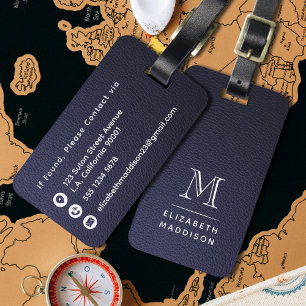 Etiqueta De Bagagem Elegante Simples Em Couro Azul Escuro Monograma Br