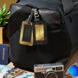 Etiqueta De Bagagem Elegante Stripes Ouro E Monograma De Padrão Preto