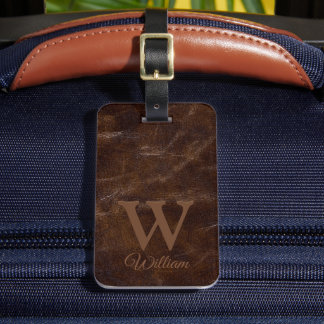 Etiqueta De Bagagem Elegante Textura de Couro Marrom Escuro Monogramad