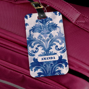 Etiqueta De Bagagem Elegante Toile de Jouy Monograma Azul Francês