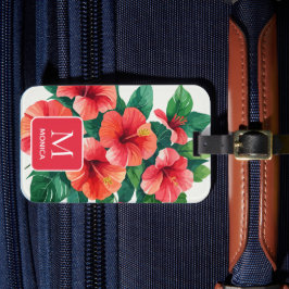 Etiqueta De Bagagem Elegante Tropical Hawaii Hibiscus Red Monograma