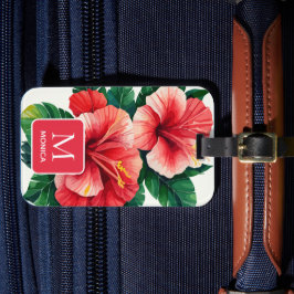 Etiqueta De Bagagem Elegante Tropical Hawaii Hibiscus Red Monograma