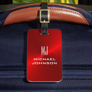 Etiqueta De Bagagem Elegante Vermelho Bruto Metálico Monograma Inicial