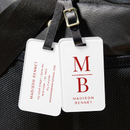 Etiqueta De Bagagem Elegante Vermelho E Branco Monogramado