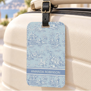 Etiqueta De Bagagem Elegante vintage azul cinza toile de jouy