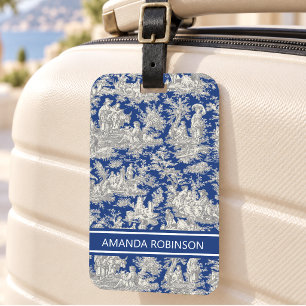 Etiqueta De Bagagem Elegante vintage azul escuro toile de jouy