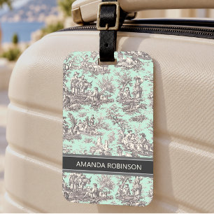 Etiqueta De Bagagem Elegante vintage cinza menta toile de jouy