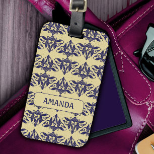 Etiqueta De Bagagem Elegante vintage damask marinho Monograma amarelo 