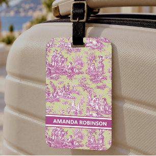 Etiqueta De Bagagem Elegante vintage rosa verde toile de jouy