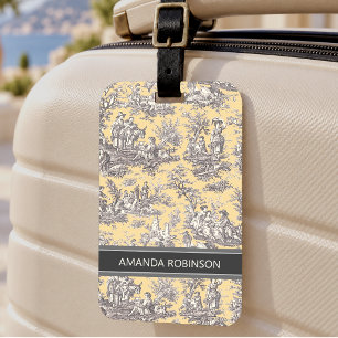 Etiqueta De Bagagem Elegante vintage toile de jouy amarelo cinza