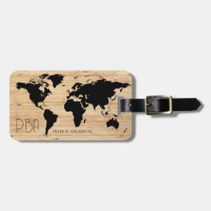 Etiqueta De Bagagem Elegante World Traveler Map Wood Nome Monograma