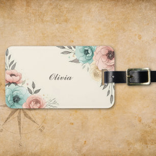 Etiqueta De Bagagem Elegantes Flores Esboçadas em Aquarela
