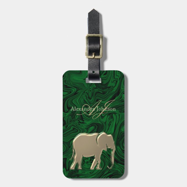 Etiqueta De Bagagem Emerald Green e Elefante Dourado monogramados (Frente Vertical)