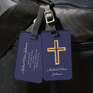 Etiqueta De Bagagem Escrita Azul Cruzada Religiosa Elegante