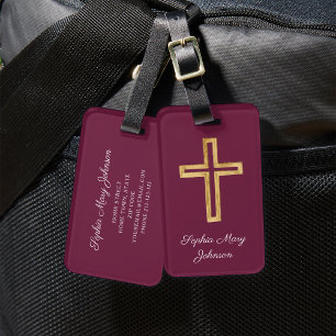 Etiqueta De Bagagem Escrita Borgonha Vermelha Cruzada Religiosa Elegan
