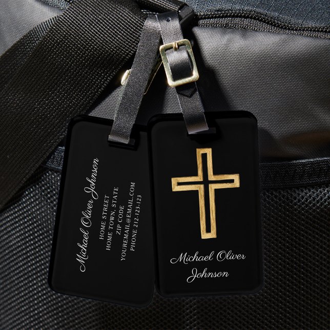 Etiqueta De Bagagem Escrita Negra Cruzada Religiosa Elegante (Elegant Religious Cross Black Script Luggage Tag)