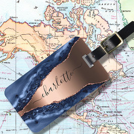 Etiqueta De Bagagem Escrito com rosa dourado de mármore azul