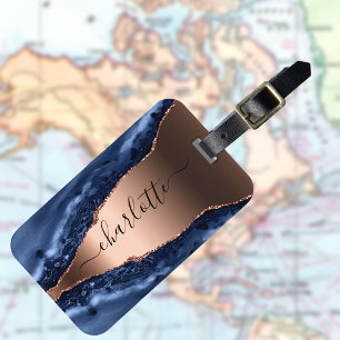 Etiqueta De Bagagem Escrito com rosa dourado de mármore azul