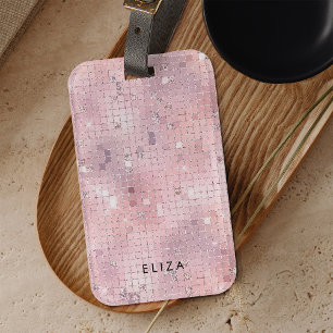 Etiqueta De Bagagem Espelho de Disco Rosa-Blush Retro   Monograma