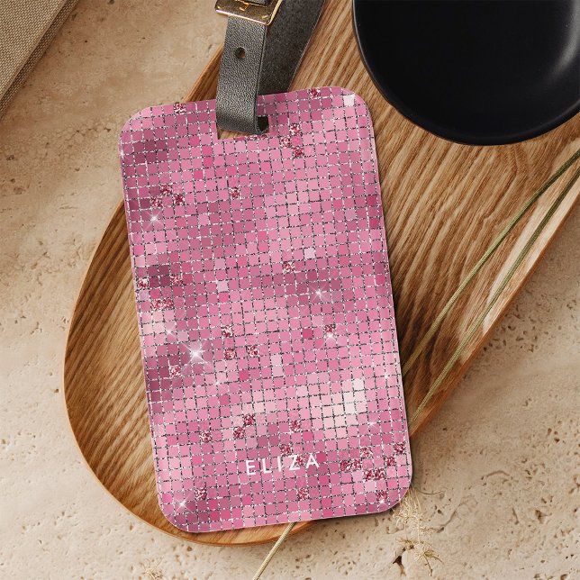 Etiqueta De Bagagem Espelho de Disco Rosa Retroativo | Monograma (A glam, dark pink disco ball inspired luggage tag)
