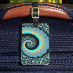 Etiqueta De Bagagem Espiral de Arte Fractal Laranja abstrato azul Turq