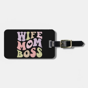 Etiqueta De Bagagem Esposa Mãe Chefe Retro Groovy Dia das Mães Preto