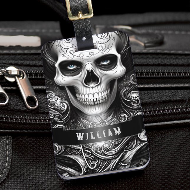 Etiqueta De Bagagem Esqueleto Gótico Nome Preto e Branco (Gothic Skeleton Skull Black and White Name Luggage Tag)