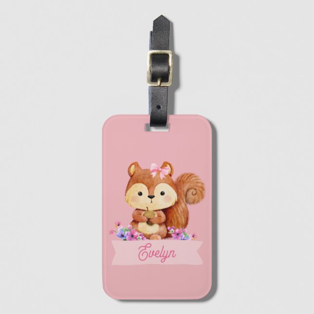 Etiqueta De Bagagem Esquilo Rosa Personalizado (Frente Vertical)