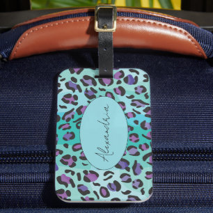 Etiqueta De Bagagem Estampa de leopardo azul e roxo retrô