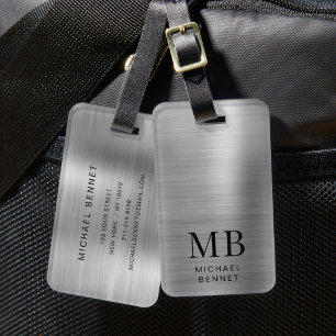 Etiqueta De Bagagem Estampa Metálica Falsa Cinza Prata Monograma Brush