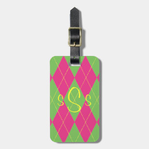 Etiqueta De Bagagem Estilo Rosa e Verde Monograma