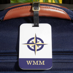 Etiqueta De Bagagem Etiqueta de Rosa de Compass Azul e Dourada